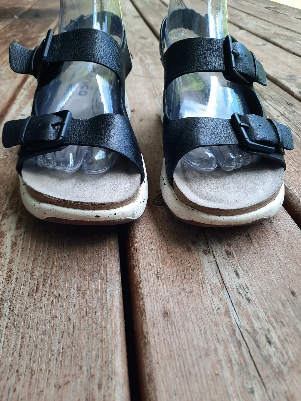 Bionica Olin Black Leather Slingback Ankle Strap Buckle Wedge Sandals Size 9